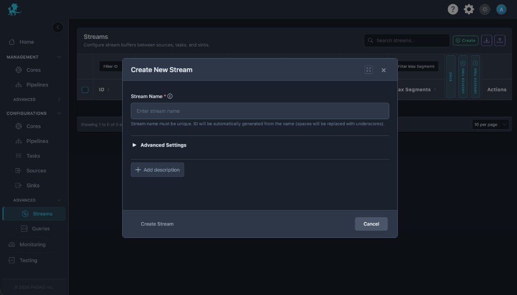 Create New Stream modal with Stream Name, collapsed Advanced Settings, and Add description