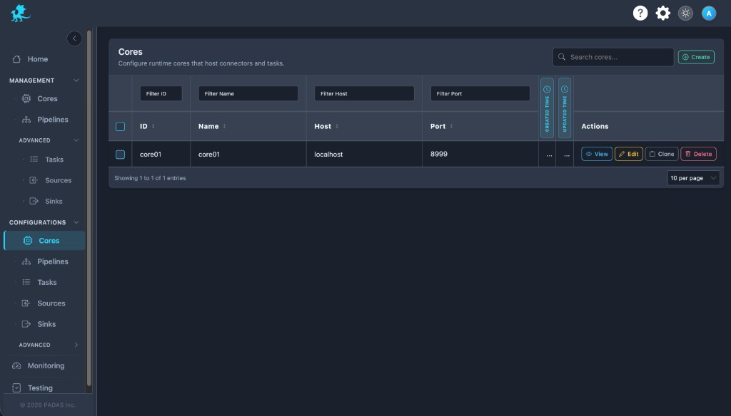 Cores list: search, Create, registry upload and download, column filters