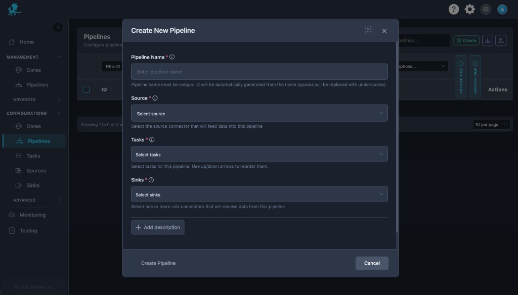 Create New Pipeline modal: name, source, tasks, sinks, optional description