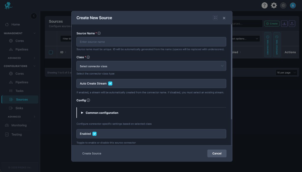 Create connector modal: name, class, Auto Create Stream, Config, Enabled