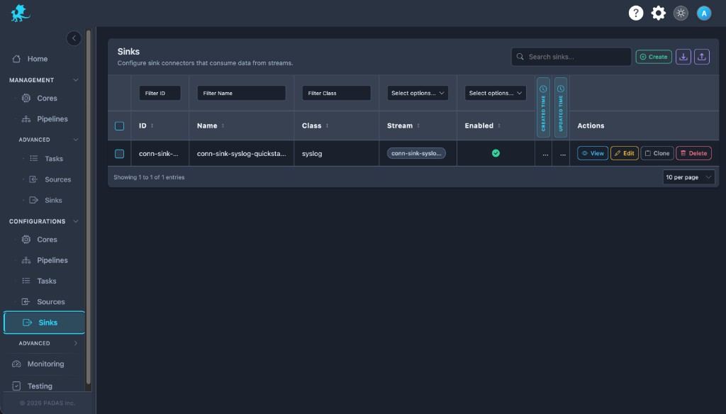 Sinks list: search, Create, registry upload and download, column filters