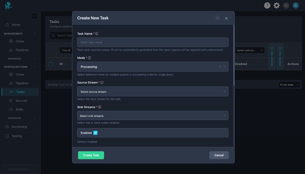 Create New Task modal with Mode Processing