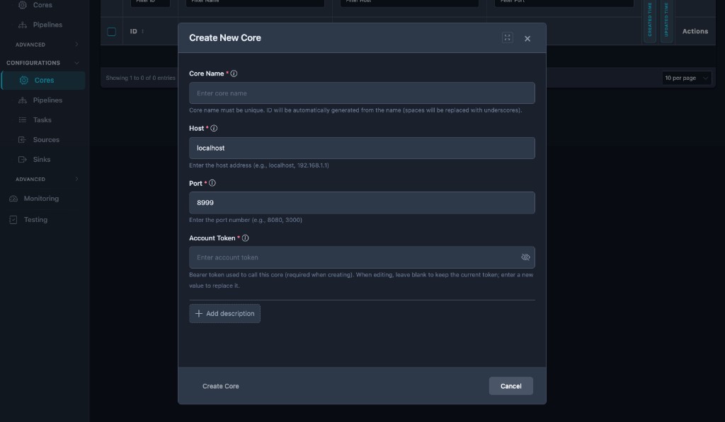 Create New Core modal: Core Name, Host, Port, Account Token, optional description