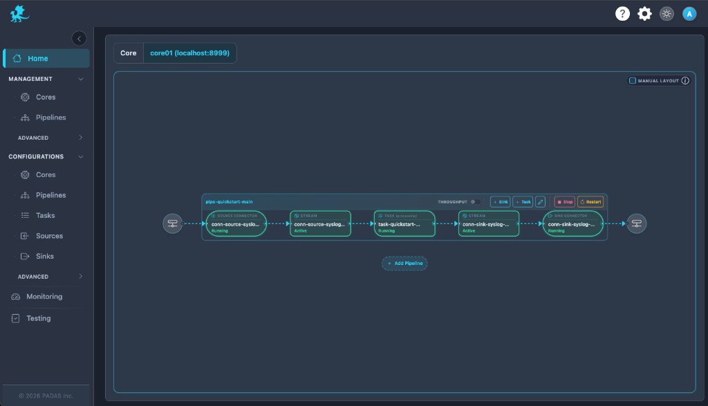 Home: pipe-quickstart-main with syslog source and sink connectors, streams, and task all Running or Active