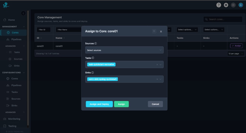 Assign modal selecting Sources, Tasks, and Sinks for a Core