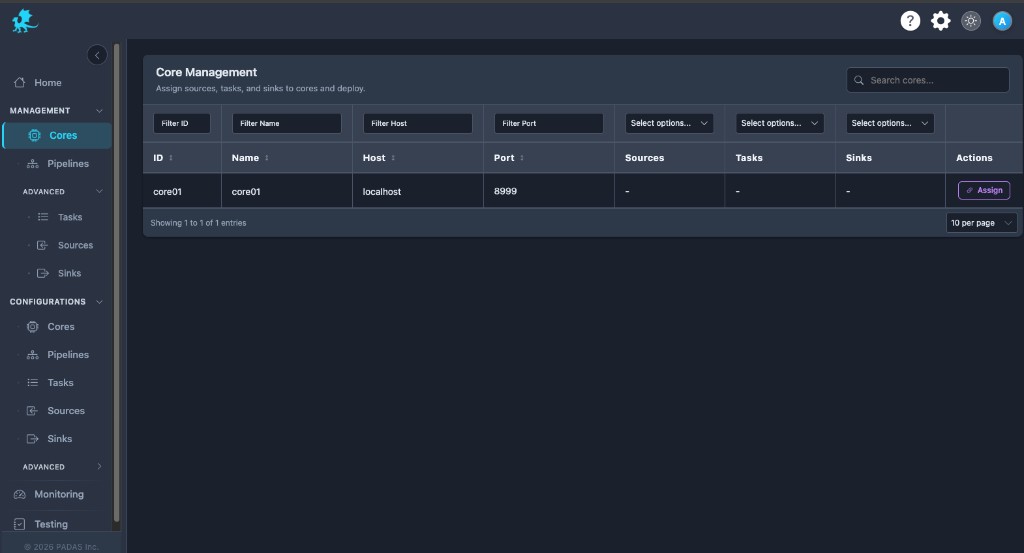 Management Cores list with Host, Port, component tags, and actions