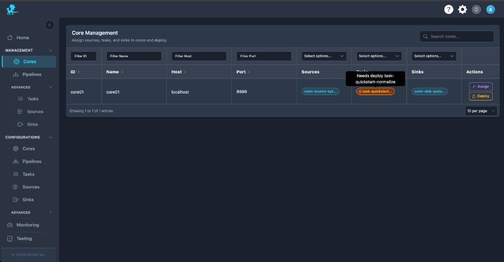Core row with Needs deploy indicator on a component tag