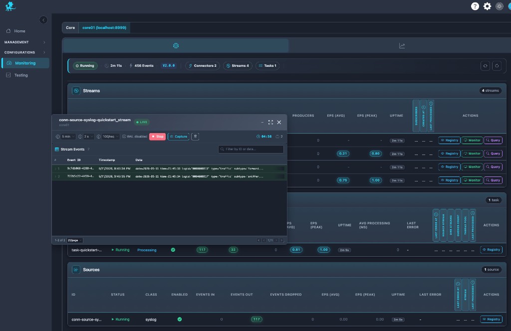 Live monitoring feed with LIVE badge stream events table