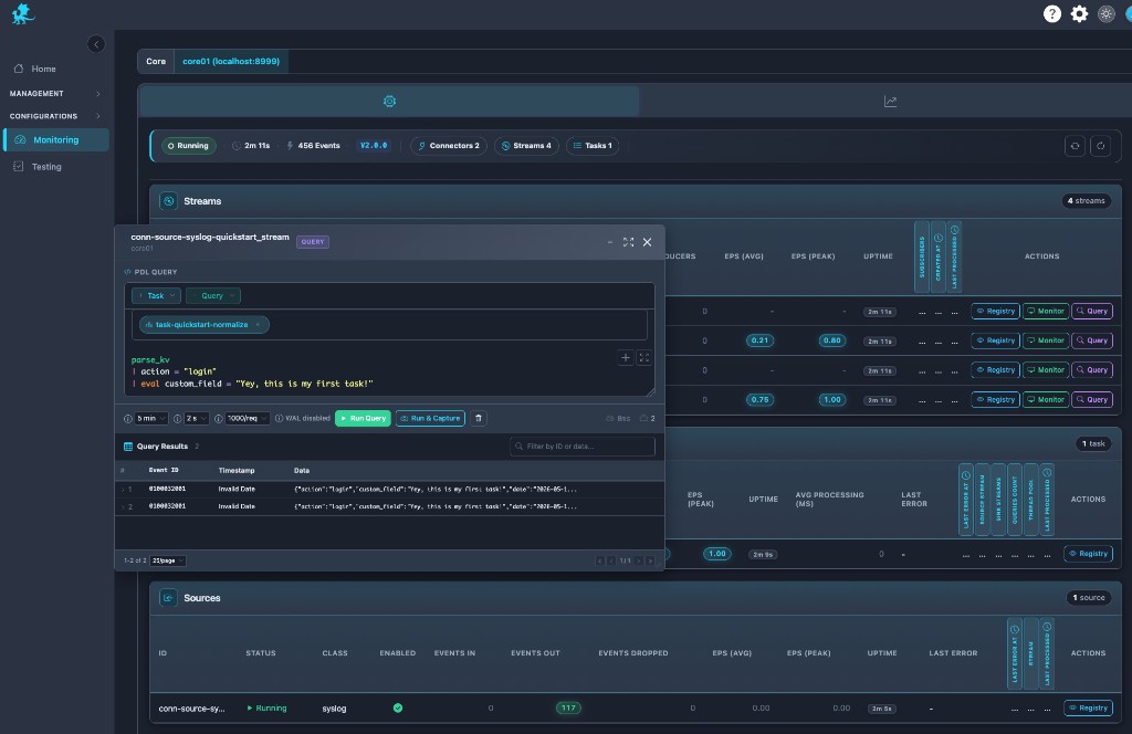 Stream query modal PDL editor time window Run Query results