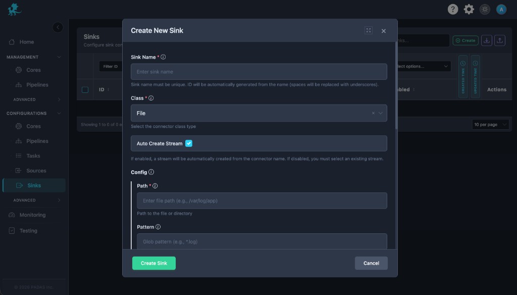 Create New Sink modal with Class File: Path and Pattern under Config