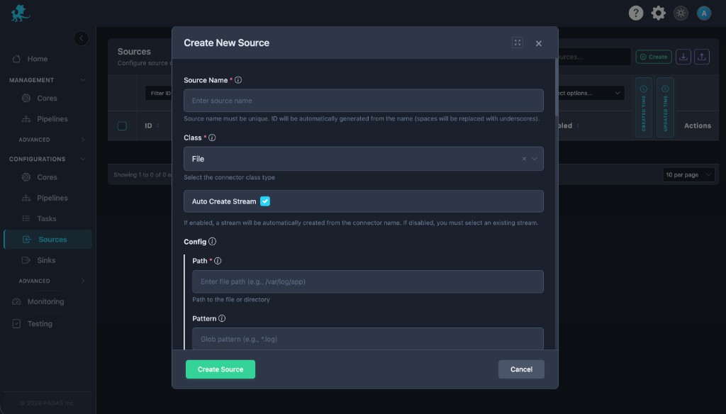 Create New Source modal with Class File: Path and Pattern under Config