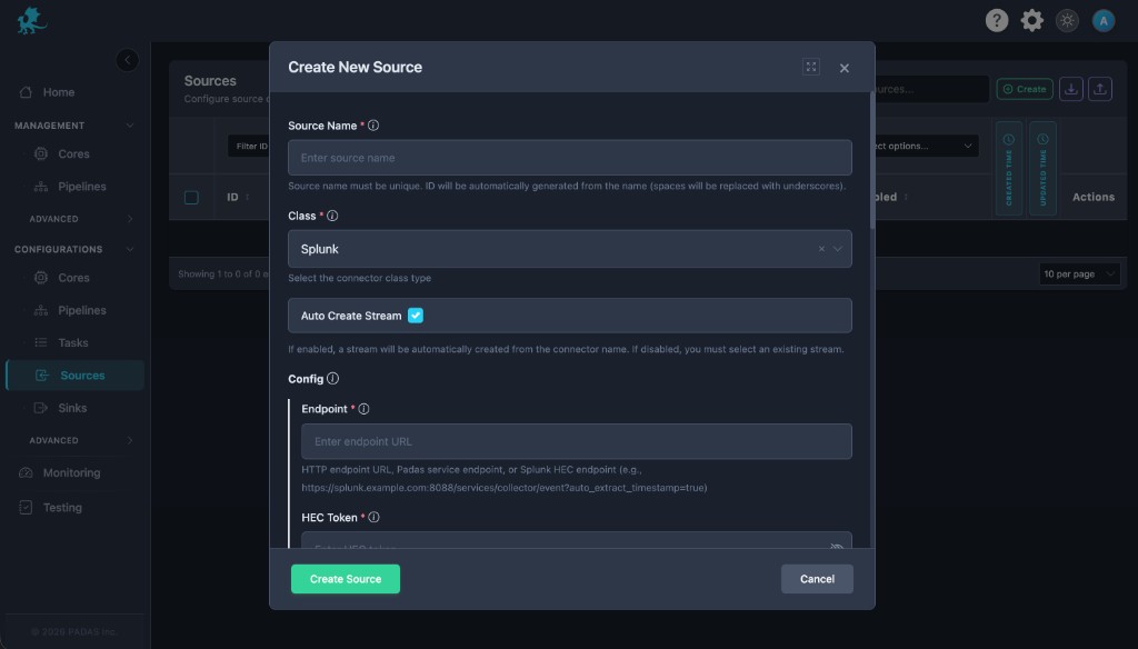 Create New Source modal with Class Splunk: Endpoint and HEC Token