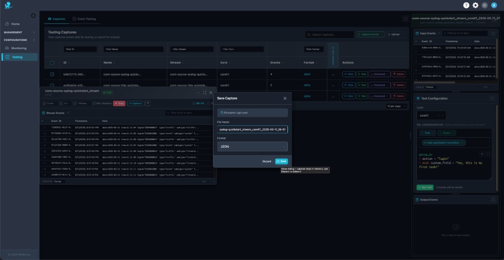 Testing captures table save capture dialog and event testing sidebar
