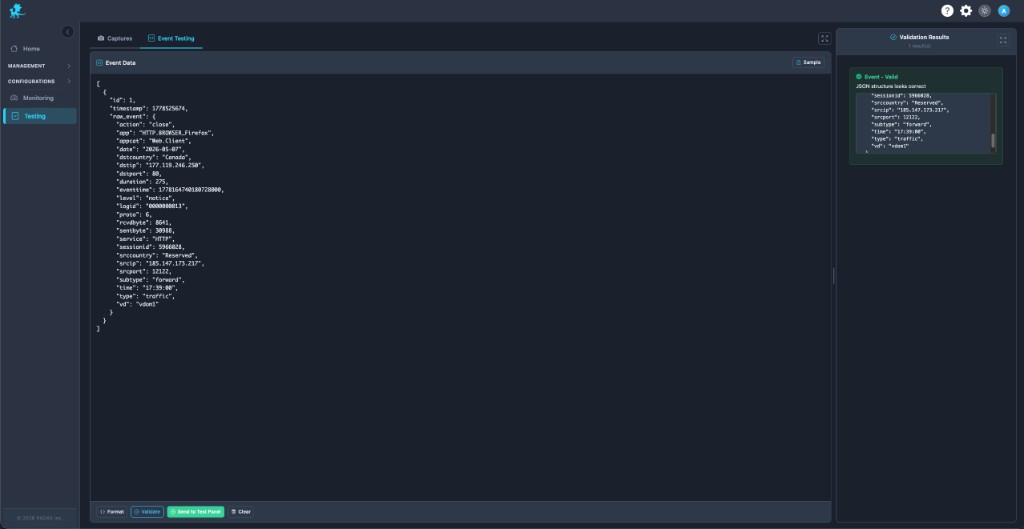 Event Testing JSON editor Validate Validation Results Send to Test Panel