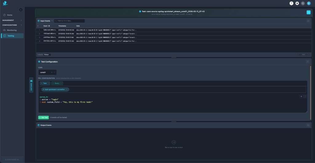 Input events PDL editor Run Test output panel