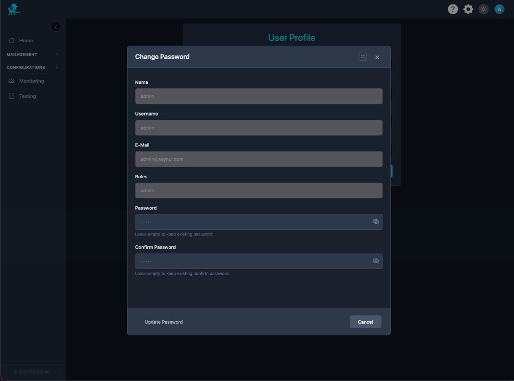 Change Password modal with password fields and Update password / Cancel