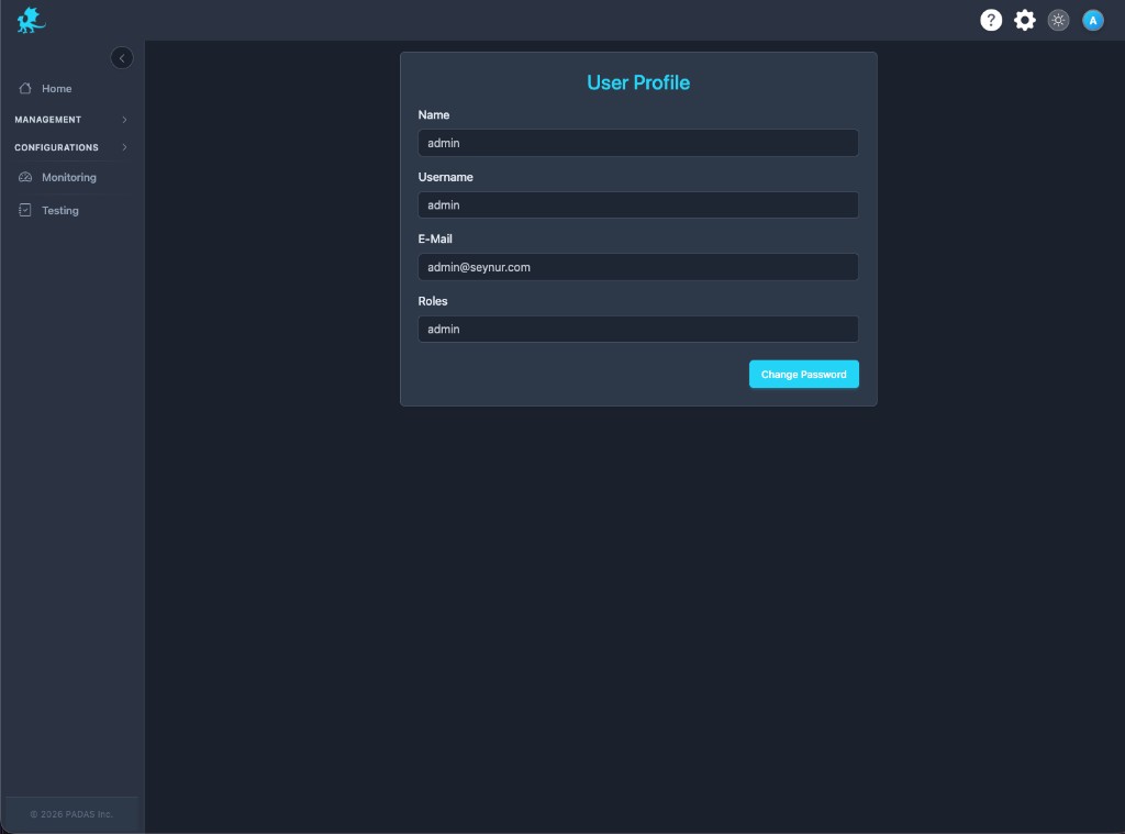 User Profile: Name, Username, E-Mail, Roles fields and Change Password button